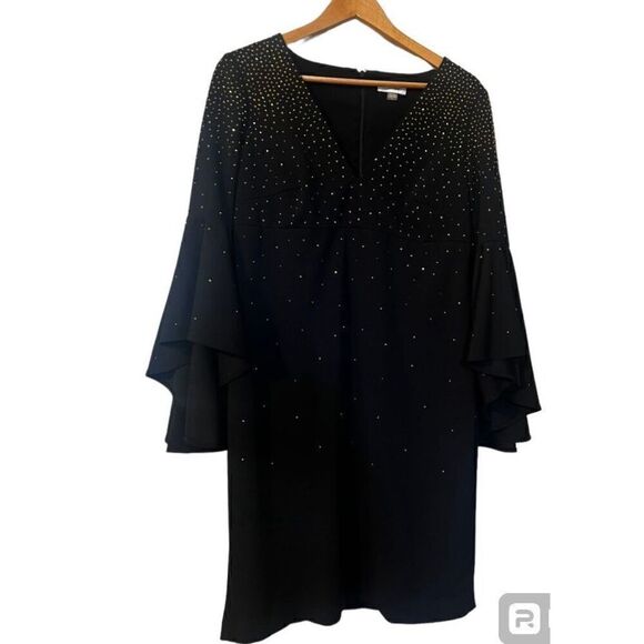 Calvin Klein Women’s Size 14 Bell Sleeve Sheath Dress Black Zip Up Embellished - Picture 1 of 13